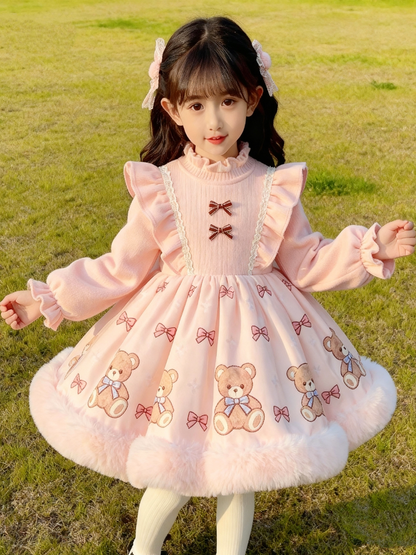 Girls Pink Bunny Fleece-Lined Lolita Dress - Sweet Birthday Princess Gown