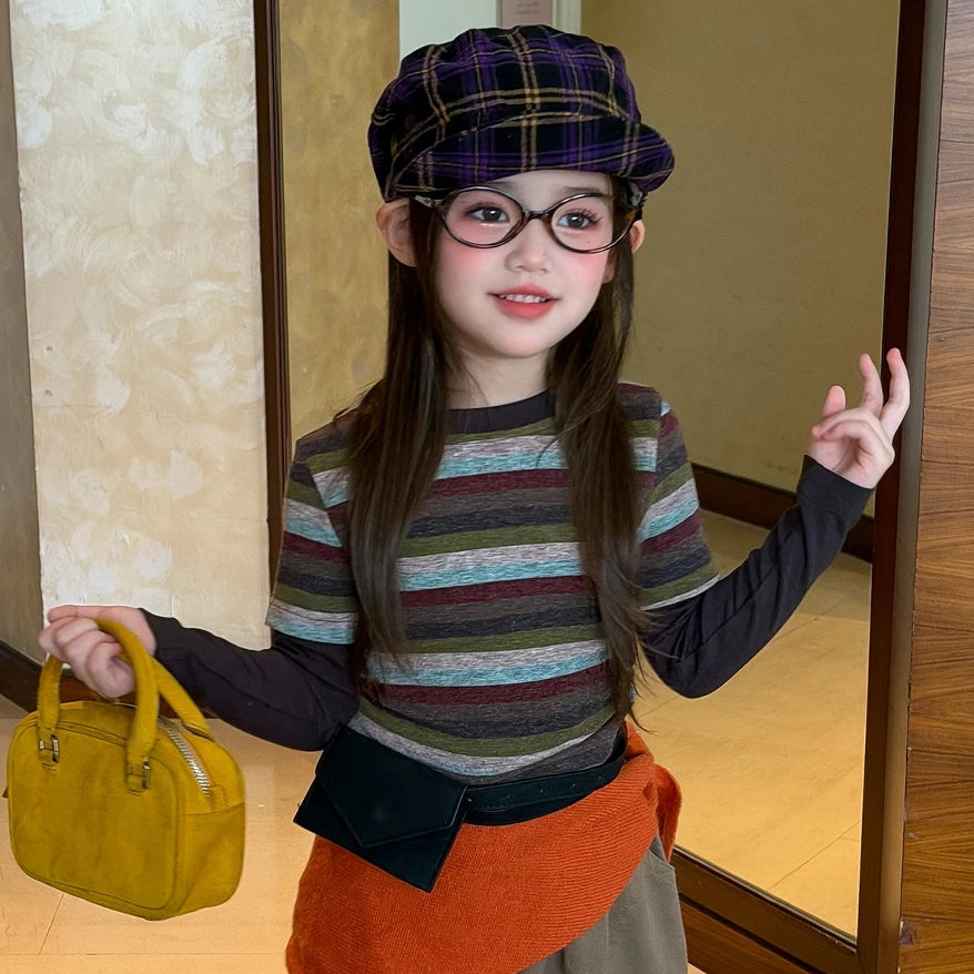 Girls Faux Two-Piece Striped Tee & Wide-Leg Pants Set - Korean Autumn Outfit