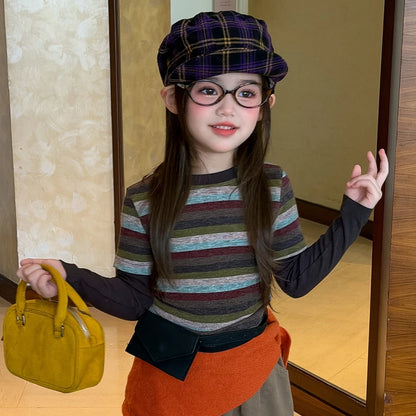 Girls Faux Two-Piece Striped Tee & Wide-Leg Pants Set - Korean Autumn Outfit