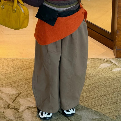 Girls Faux Two-Piece Striped Tee & Wide-Leg Pants Set - Korean Autumn Outfit