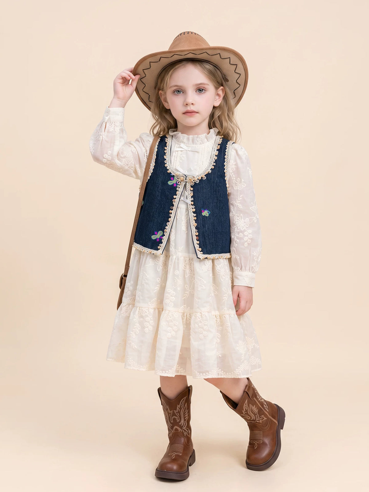 Girls Tea-Break Lace Dress & Denim Vest Set - Autumn Separates