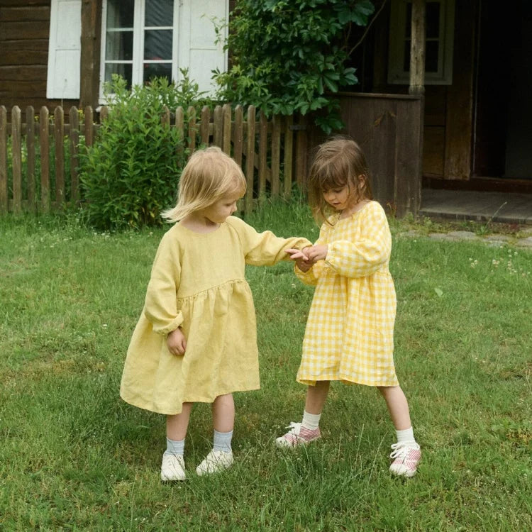 Girls Nordic Linen Dress - Sunny Yellow Long-Sleeve
