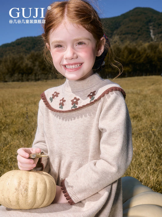 Girls Embroidered Flower Knit Dress - Warm Winter Sweater Dress