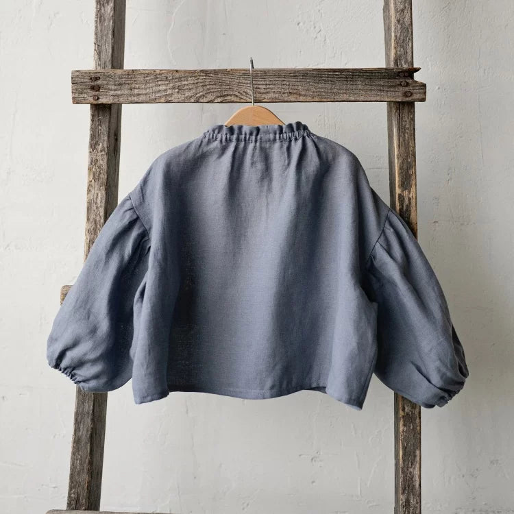 Girls Nordic Linen Shirt & Pants Set - Blue-Grey & Pink