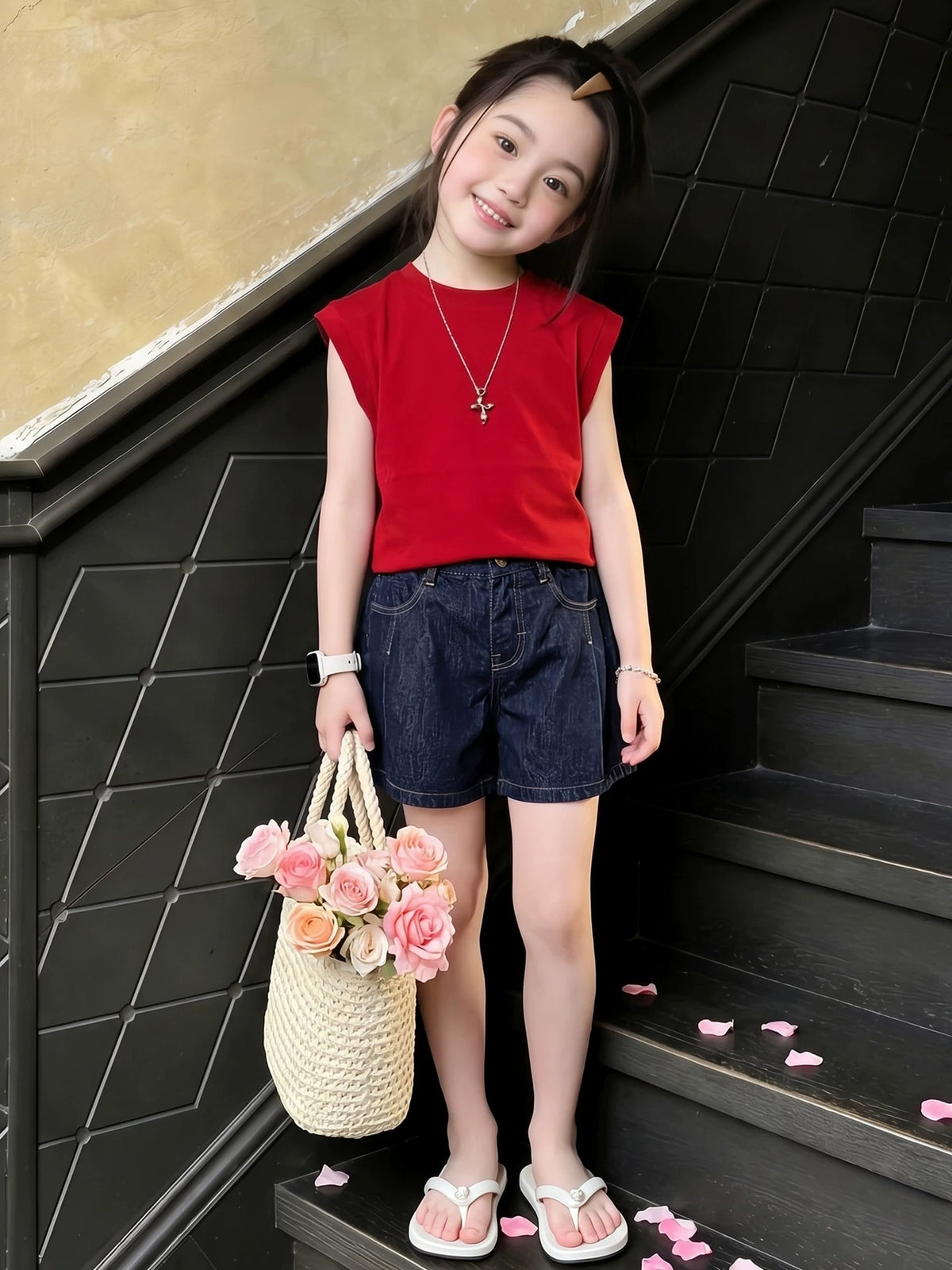 Girls Red Tee & Wide-Leg Denim Shorts Set - Cool Summer Outfit