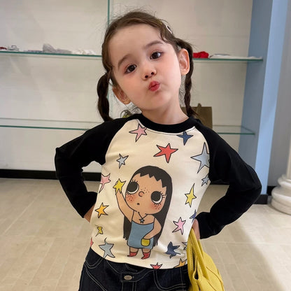 Girls Colour-Block Print Top & Skirt-Panel Jeans Set - Autumn