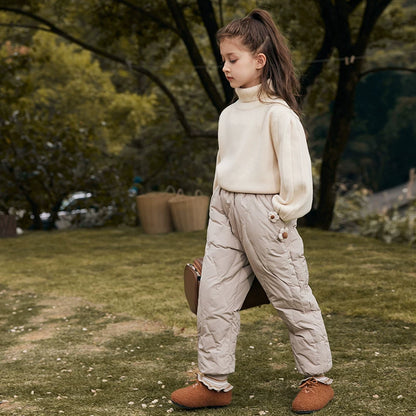 Girls Down-Lined Winter Pants - High-Waist Windproof Warm Trousers