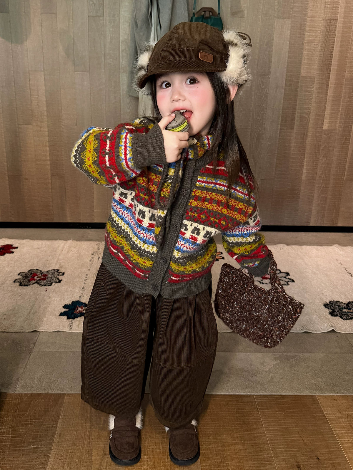 Girls Fair Isle Knit Cardigan & Corduroy Pants Set - Retro Autumn