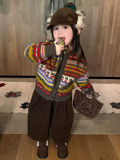 Girls Fair Isle Knit Cardigan & Corduroy Pants Set - Retro Autumn