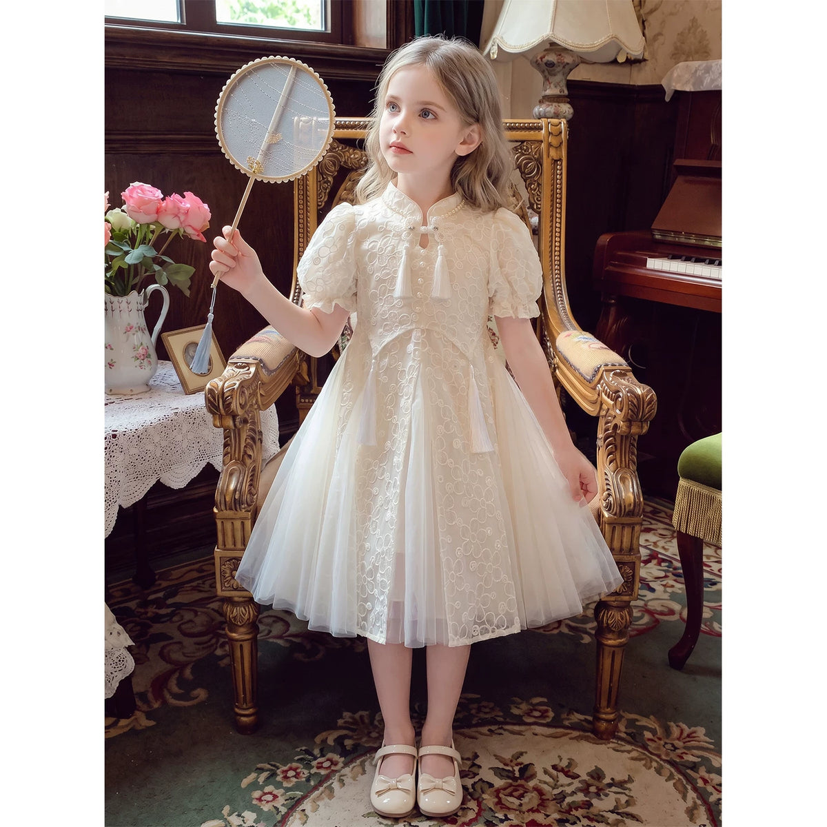 Girls Qipao-Style Dress - Chinese-Style Mesh Princess Dress