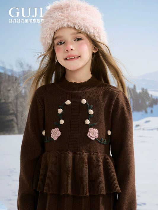 Girls Knit Sweater Dress - Retro Coffee & Green Princess Dress