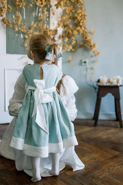Girls Linen Midi Dress - Ins-Style Retro Three-Quarter Sleeve