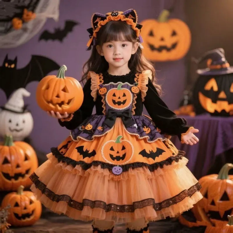 Girls Halloween Pumpkin Lolita Dress - Fleece-Lined Puffy Princess Gown