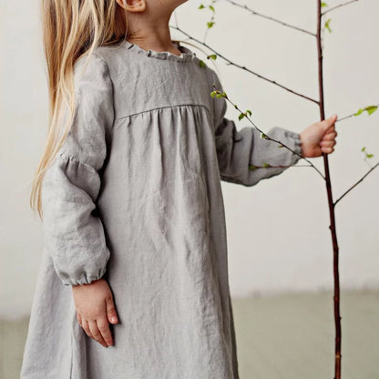 Girls Nordic Linen Dress - Sweet Belgium Imported Autumn