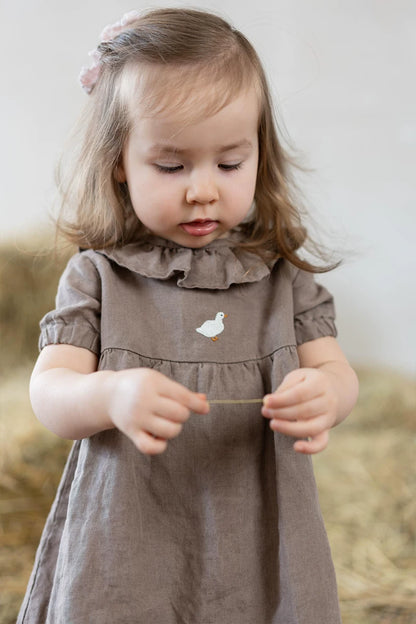 Girls Nordic Linen Dress with Ruffle Collar - Alice Embroidery Short Sleeve