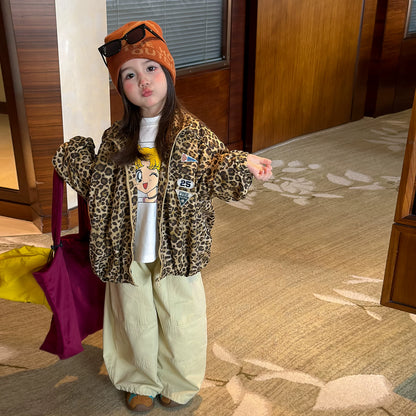 Girls Leopard Print Jacket Set - Retro Zip-Up Autumn Three-Piece