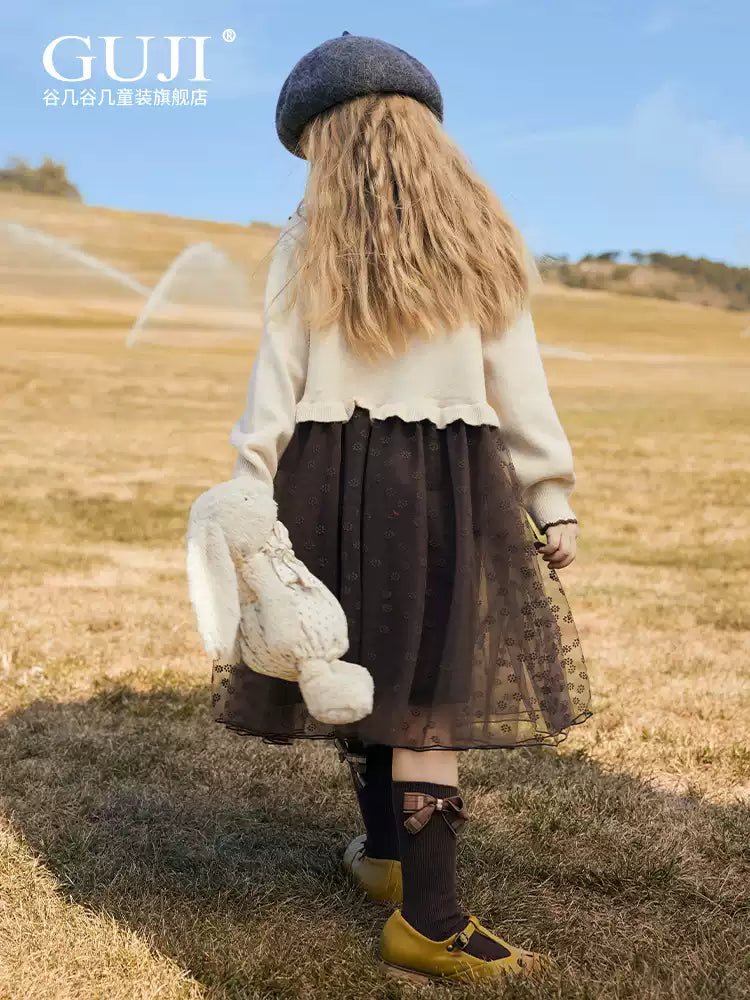 Girls Knit Cardigan & Mesh Skirt Set - Preppy Two-Piece Outfit