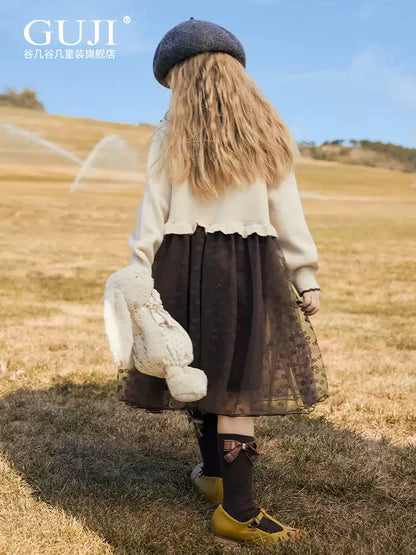 Girls Knit Cardigan & Mesh Skirt Set - Preppy Two-Piece Outfit