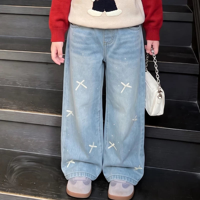 Girls Knit Sweater & Wide-Leg Jeans Set - Soft Autumn Two-Piece