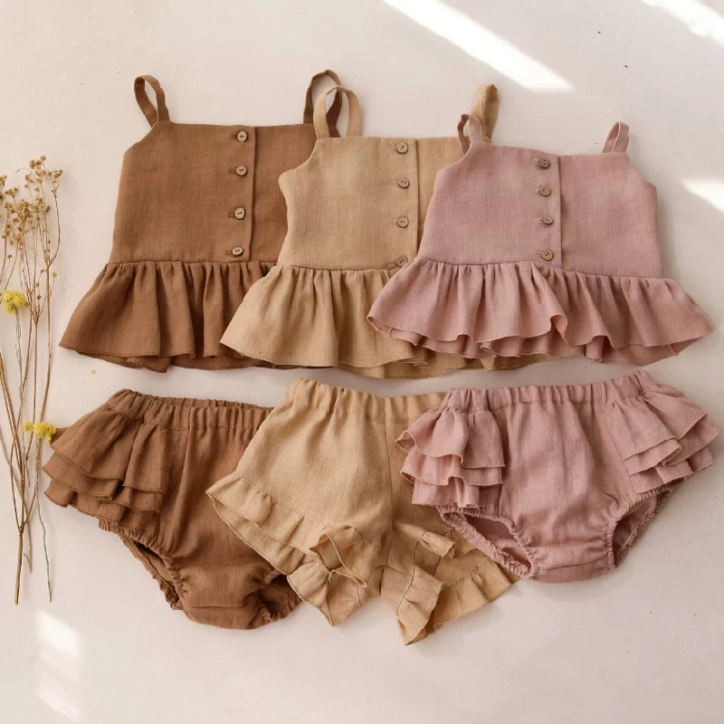 Girls Linen Cami & Shorts Set - Custom Embroidery Two-Piece