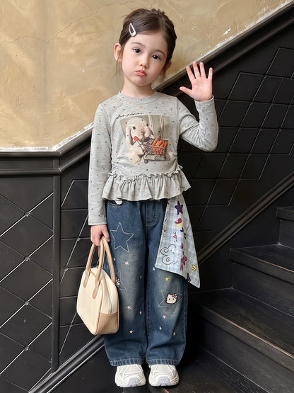 Girls Long-Sleeve Printed Tee & Bandana-Print Jeans Set - Pure Cotton Autumn Separates