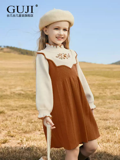 Girls Preppy Princess Sweater Dress - Embroidered Knit Midi, Fleece Options