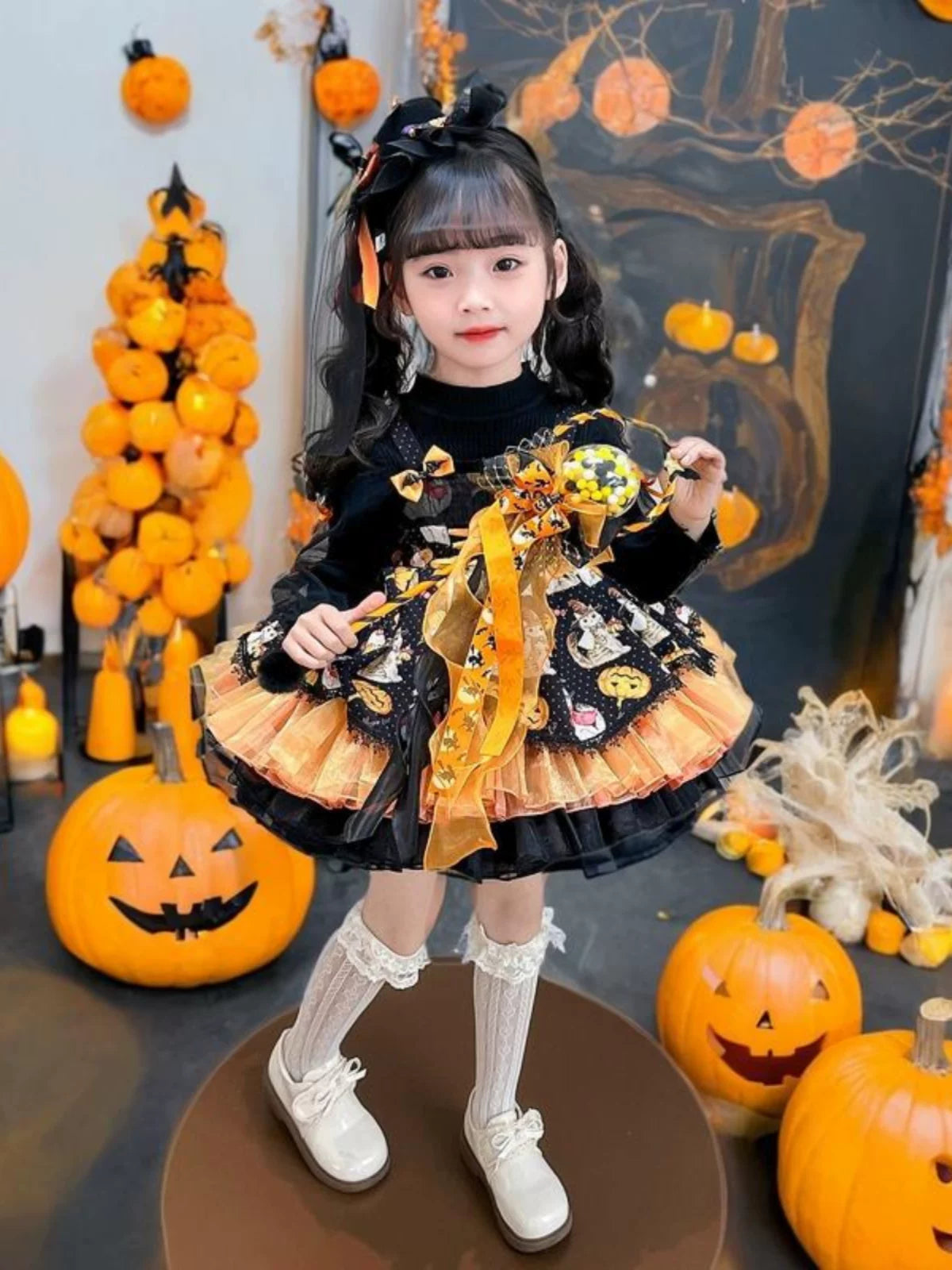 Girls Halloween Witch Lolita Dress - Black Puffy Princess Gown, Unlined or Fleece-Lined