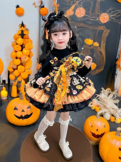 Girls Halloween Witch Lolita Dress - Black Puffy Princess Gown, Unlined or Fleece-Lined