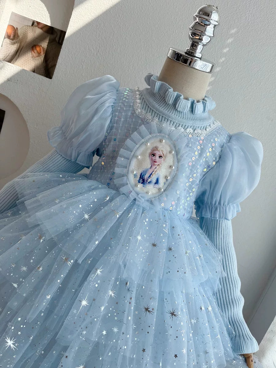 Girls Elsa-Blue Cake Dress - Fleece-Lined Birthday Princess Gown