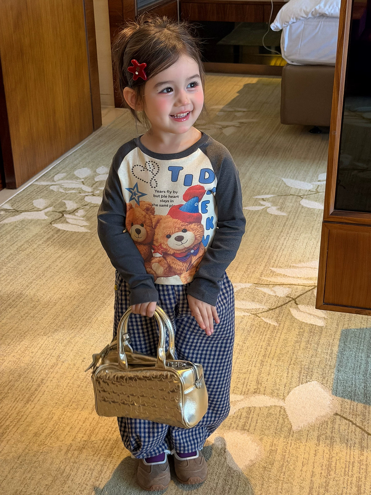 Girls Bear Print Tee & Plaid Pants Set - Autumn Two-Piece