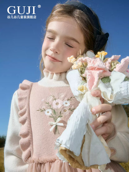 Girls Pink Princess Sweater Dress - Thick Winter Knit Midi