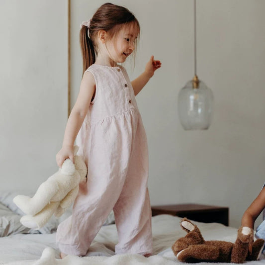 Alice Sleeveless Linen Romper - Embroidered Baby Crawling Suit