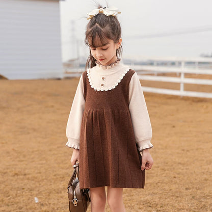 Girls Preppy Princess Sweater Dress - Embroidered Knit Midi, Fleece Options