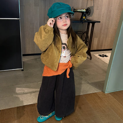 Girls Stand-Collar Suede Zip Jacket & Corduroy Pants Set - Korean Autumn Separates