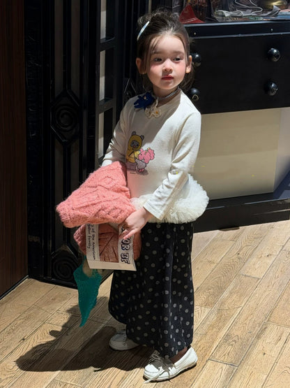 Girls Mesh-Splice Cartoon Top & Polka-Dot Pants Set - Sweet Autumn Two-Piece