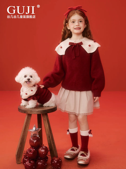 Girls Christmas Collared Sweater - Red Princess Knit Cardigan
