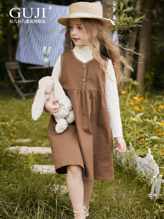 Girls Retro Pinafore Dress - Forest-Style Long suspender Skirt