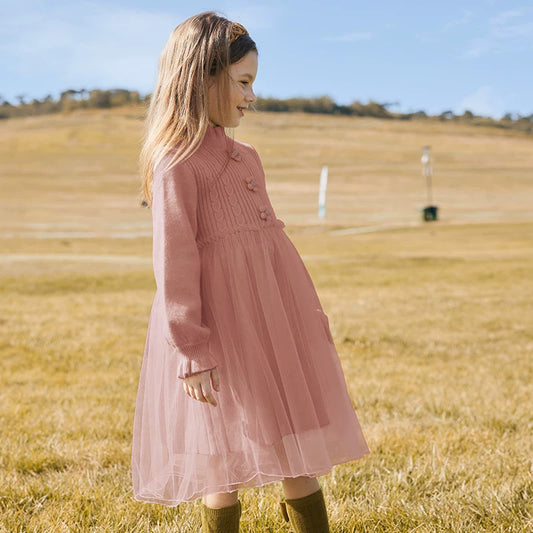 Girls Pink Mesh-Knit Dress - Winter Princess Gown with Tulle