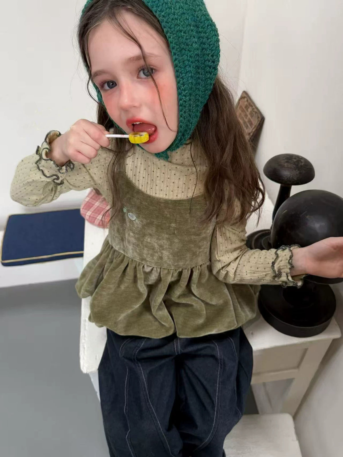 Girls Velvet Cami, Polka-Dot Top & Jeans Set - Forest-Style Autumn Three-Piece