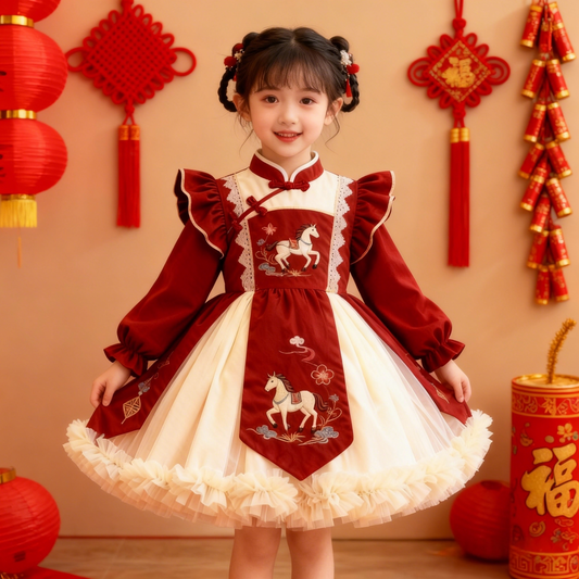 Girls Horse-Embroidered Fleece-Lined New-Year Dress - Tang-Style Princess Gown