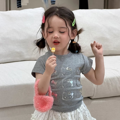 Girls Cartoon Cat Tee & Polka Dot Cake Skirt Set - Summer