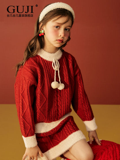Girls Scarlet Sweater & Skirt Set - Thick Knit Holiday Two-Piece