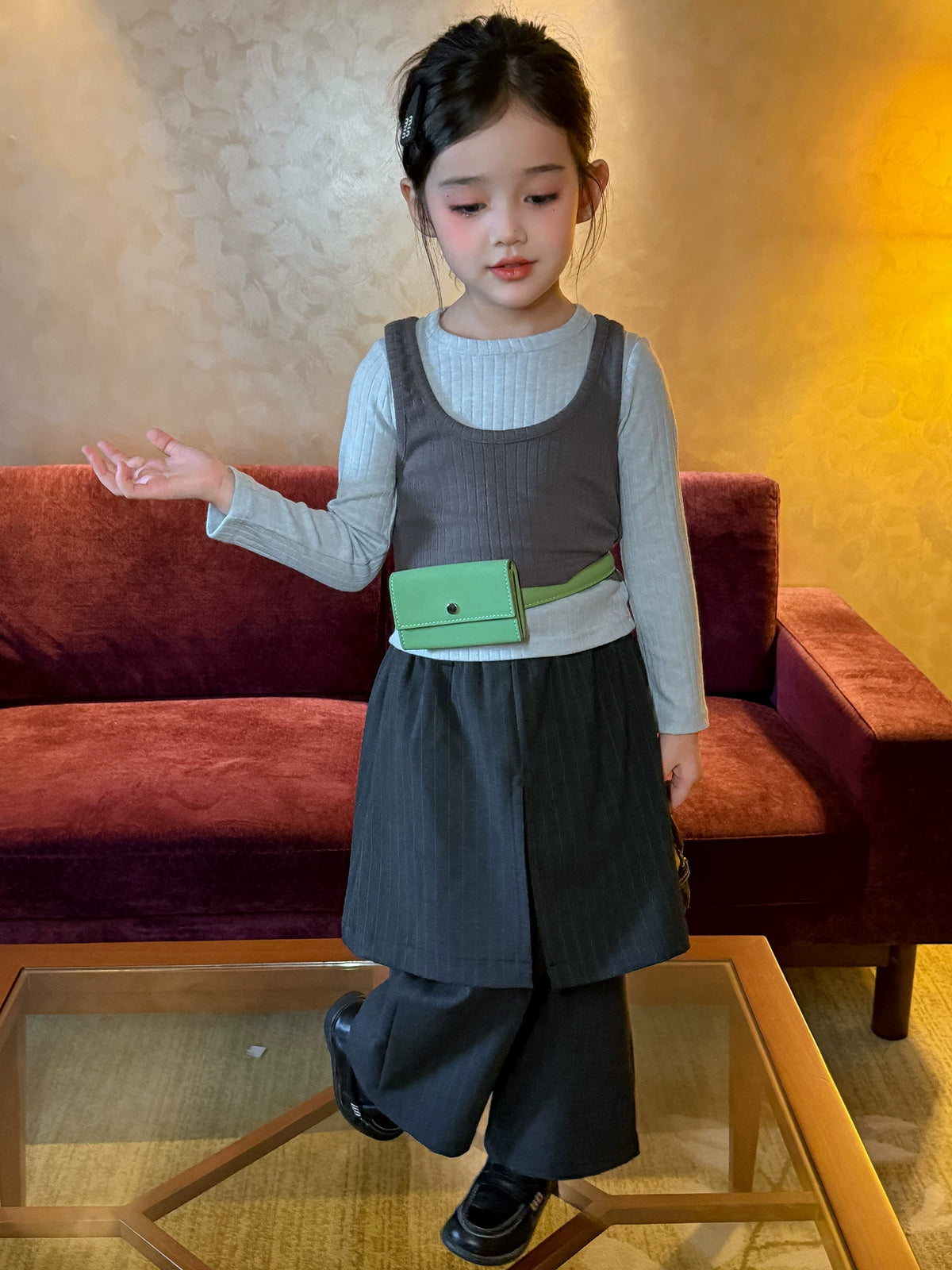 Girls Layered Tee & Skirt-Panel Trousers Set - Smart Autumn