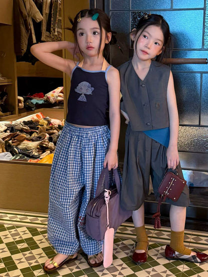 Girls Double-Strap Cami & Plaid Lantern Pants Set - American-Style Summer Two-Piece