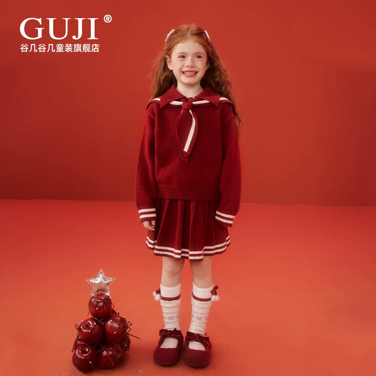 Girls Preppy Sweater & Skirt Set - Red Holiday Knit Two-Piece