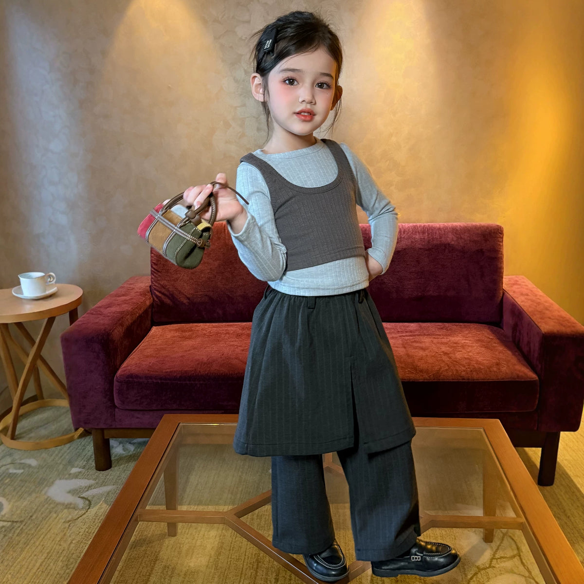 Girls Layered Tee & Skirt-Panel Trousers Set - Smart Autumn