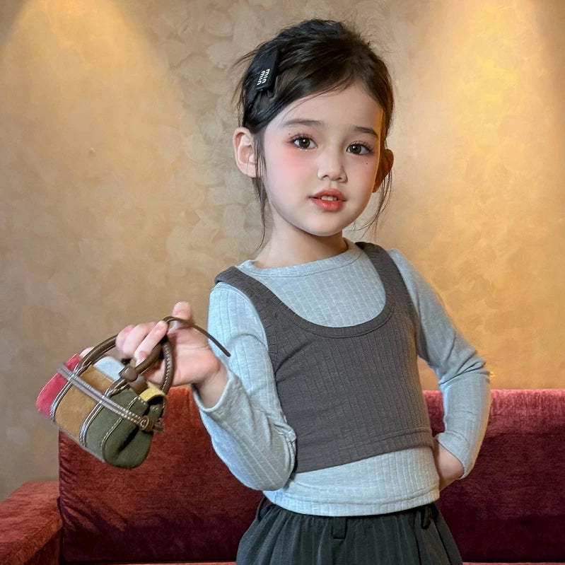Girls Layered Tee & Skirt-Panel Trousers Set - Smart Autumn