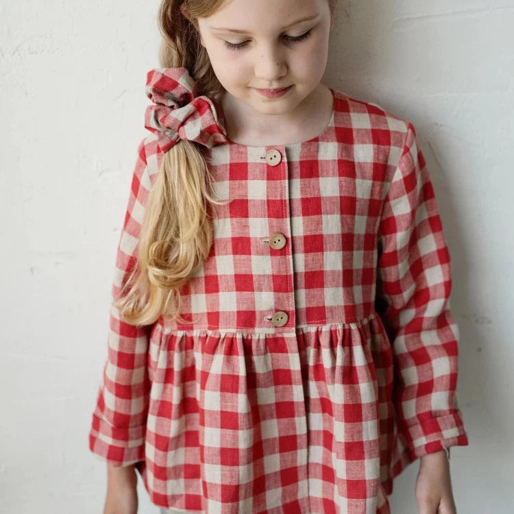 Girls Nordic Linen Dress - Pink Check Autumn