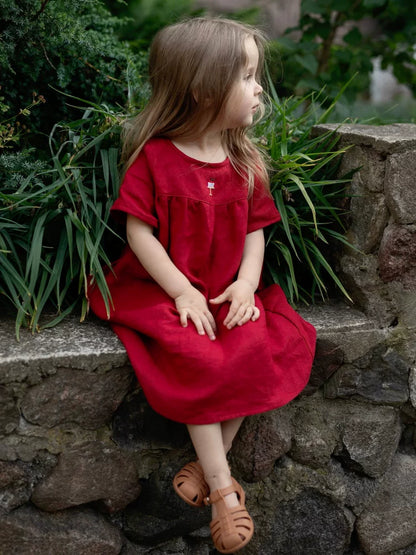 Girls Nordic Pure Linen Dress - Red Long-Sleeve Autumn