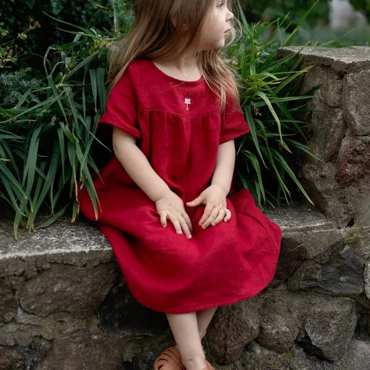 Girls Nordic Pure Linen Dress - Red Long-Sleeve Autumn